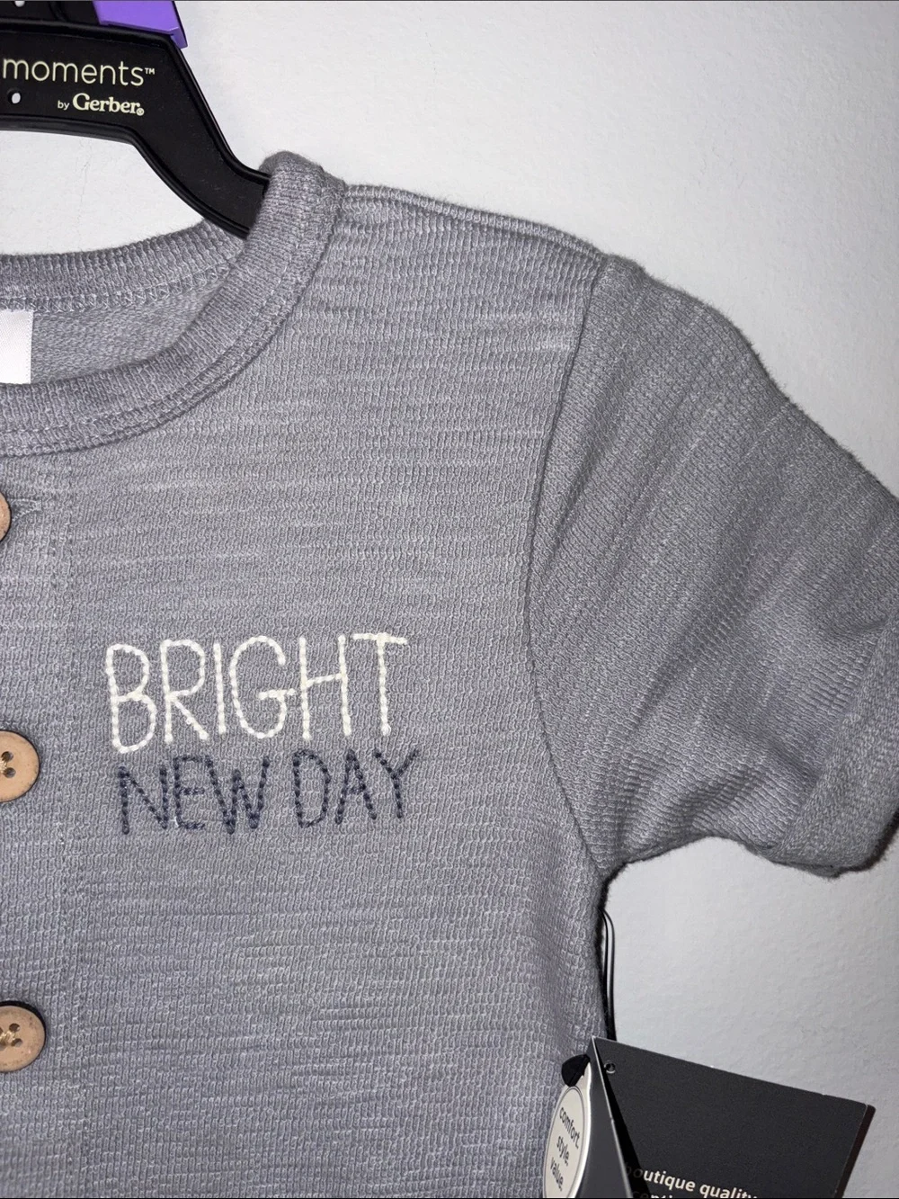 NWT Modern Moments by Gerber Gray Short-Sleeve Romper with 'BRIGHT NEW DAY 12 m